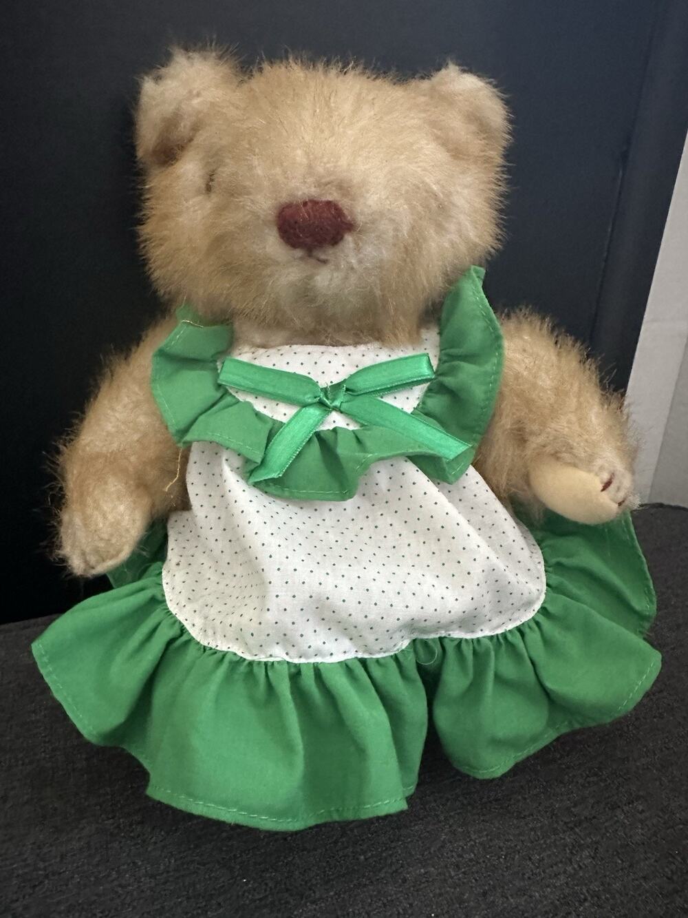 Vintage 1986 Gorham Teddy Bear Plush Green Dress Apron 10" Collectible